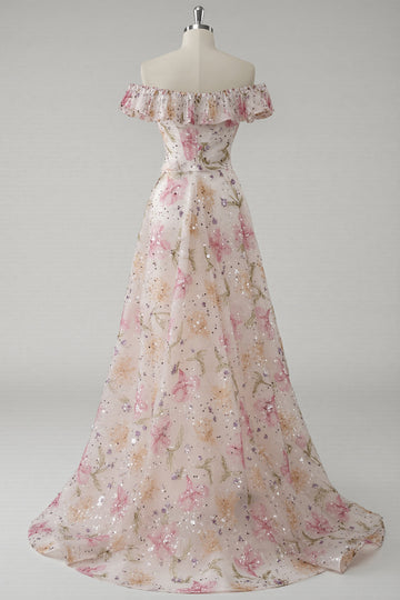 Robe De Soirée fleurie rose à épaules dénudées avec paillettes
